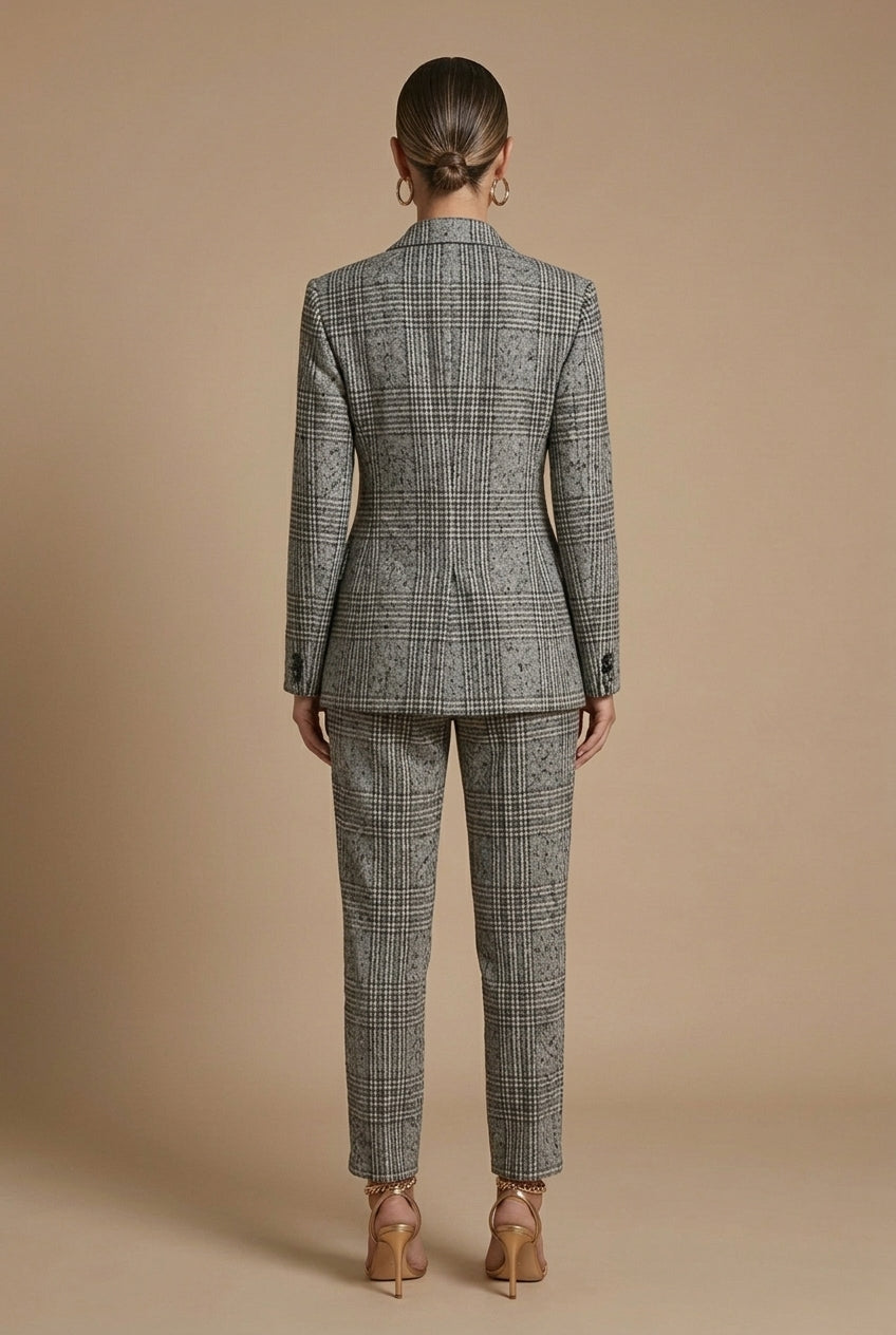 Ensemble tailleur à carreaux femme Sophia blazer croisé pantalon droit élégant