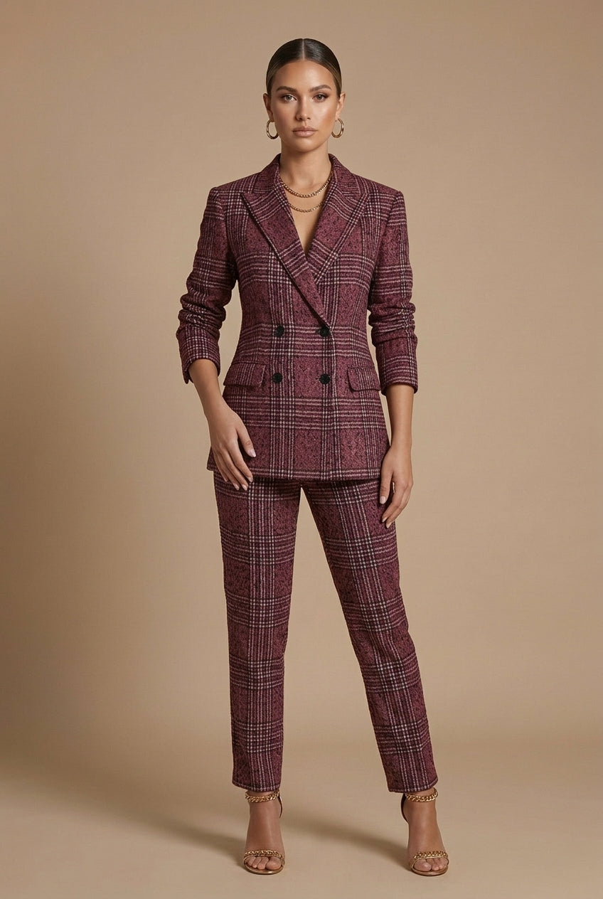 Ensemble tailleur à carreaux femme Sophia blazer croisé pantalon droit élégant
