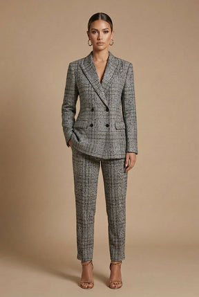 Ensemble tailleur à carreaux femme Sophia blazer croisé pantalon droit élégant