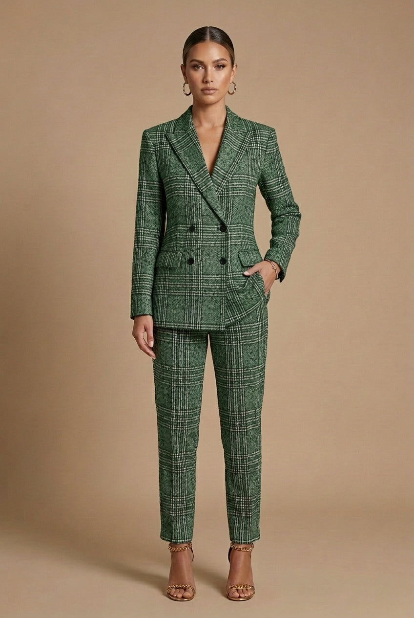 Ensemble tailleur à carreaux femme Sophia blazer croisé pantalon droit élégant
