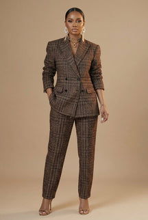 Ensemble tailleur à carreaux femme Sophia blazer croisé pantalon droit élégant