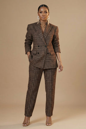 Ensemble tailleur à carreaux femme Sophia blazer croisé pantalon droit élégant