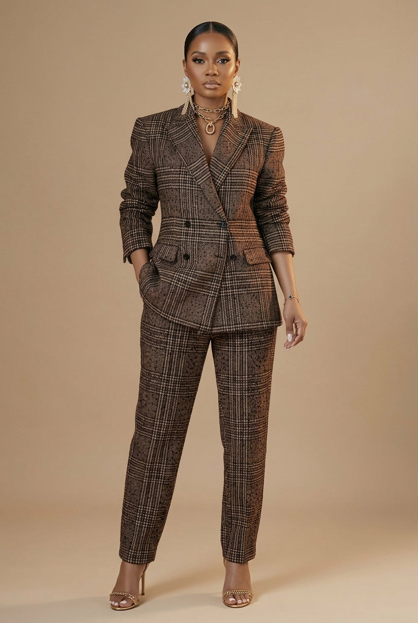 Ensemble tailleur à carreaux femme Sophia blazer croisé pantalon droit élégant