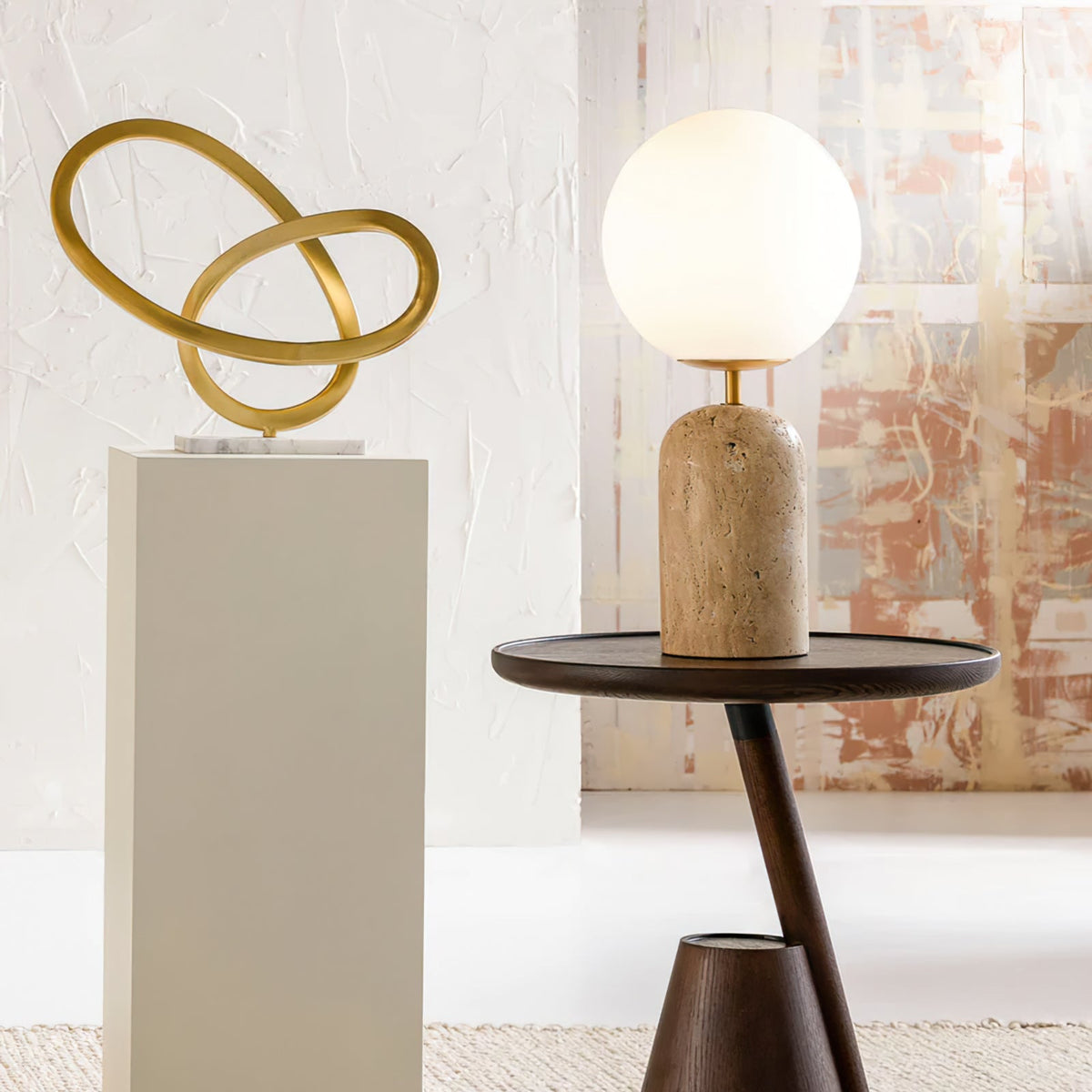 Lampe de Table en Verre et Travertin - Éclairage Chaleureux et Élégant