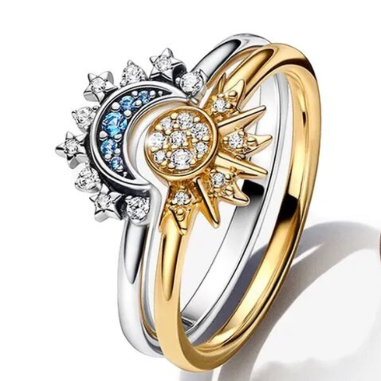 Bague Duo Soleil Lune en Cristal - Élégance Cosmique et Artisanat Exquis