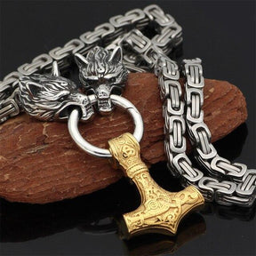Collier Viking à Tête de Loup - Pendentif Mjolnir en Acier Inoxydable