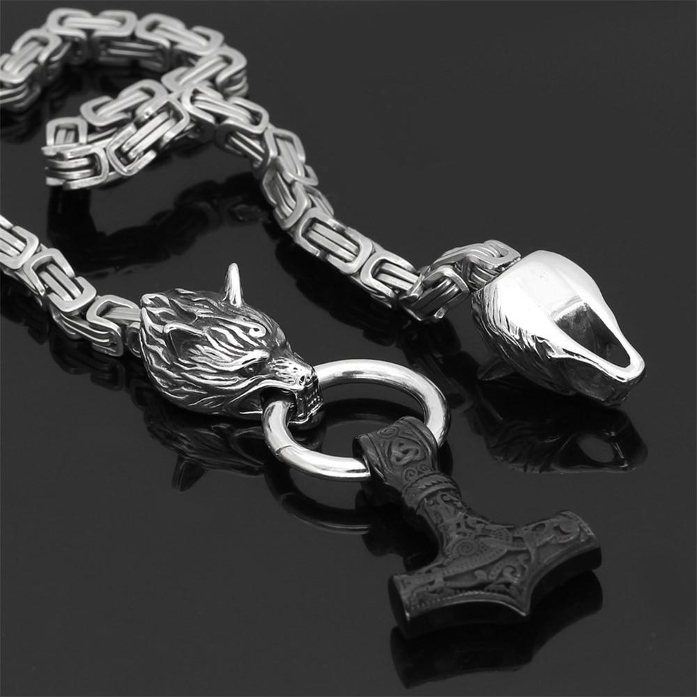 Collier Viking à Tête de Loup - Pendentif Mjolnir en Acier Inoxydable