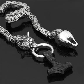 Collier Viking à Tête de Loup - Pendentif Mjolnir en Acier Inoxydable