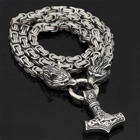 Collier Viking à Tête de Loup - Pendentif Mjolnir en Acier Inoxydable