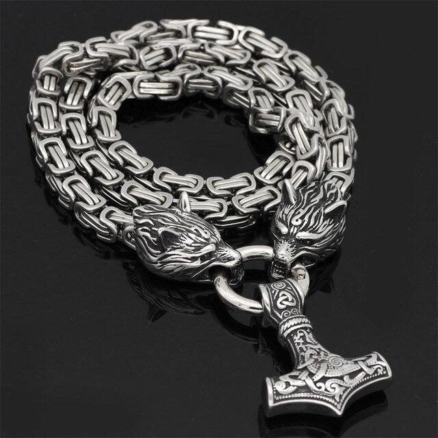 Collier Viking à Tête de Loup - Pendentif Mjolnir en Acier Inoxydable