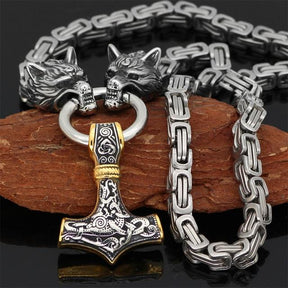 Collier Viking à Tête de Loup - Pendentif Mjolnir en Acier Inoxydable
