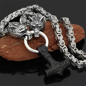 Collier Viking à Tête de Loup - Pendentif Mjolnir en Acier Inoxydable