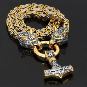 Collier Viking à Tête de Loup - Pendentif Mjolnir en Acier Inoxydable