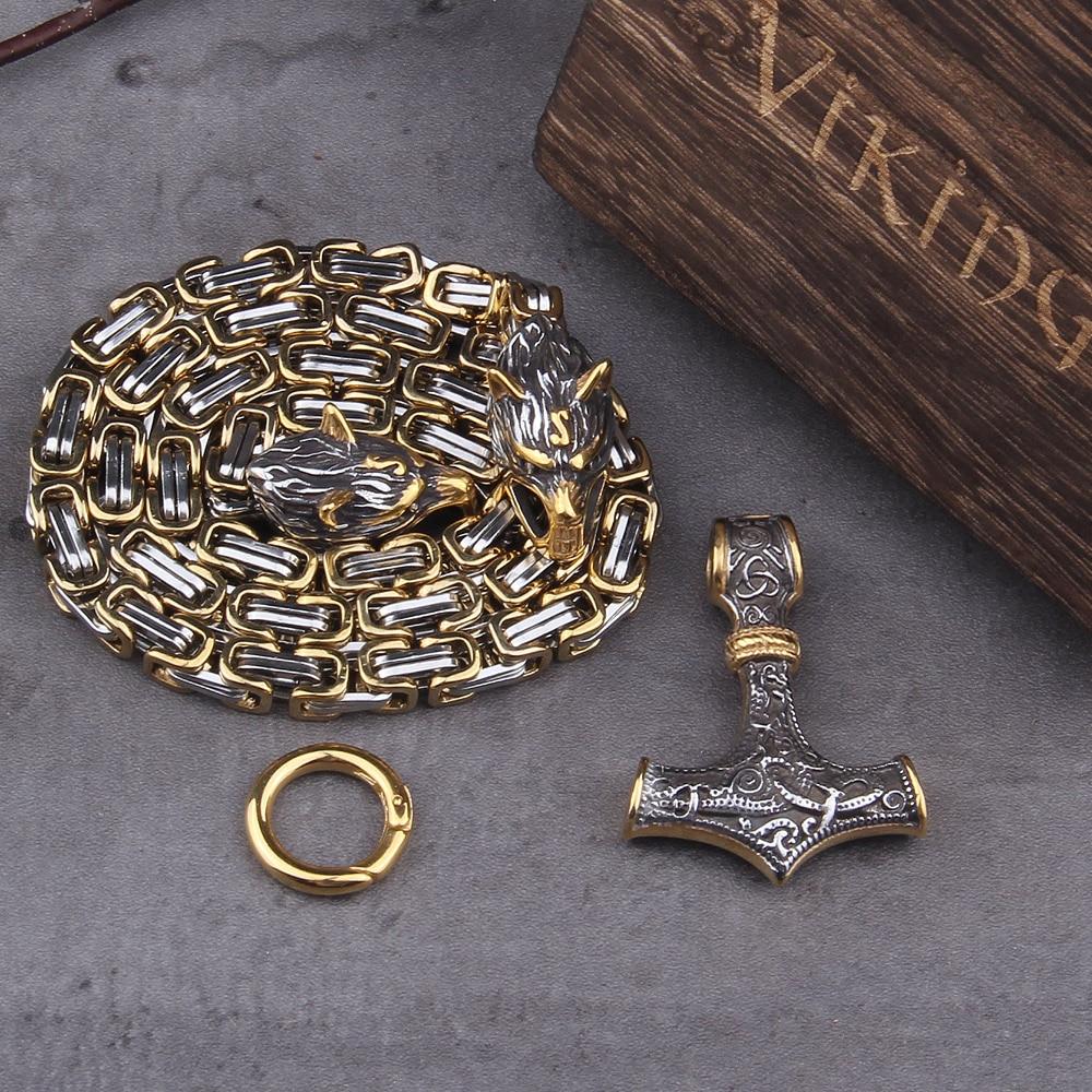 Collier Viking à Tête de Loup - Pendentif Mjolnir en Acier Inoxydable