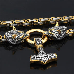 Collier Viking à Tête de Loup - Pendentif Mjolnir en Acier Inoxydable