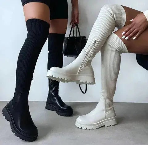 Bottes Montantes en Tricot Élastique - Confort et Élégance au Quotidien