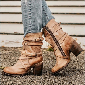 Bottines en Cuir Noir pour Femmes - Élégantes avec Talon Épais et Fini Vieilli