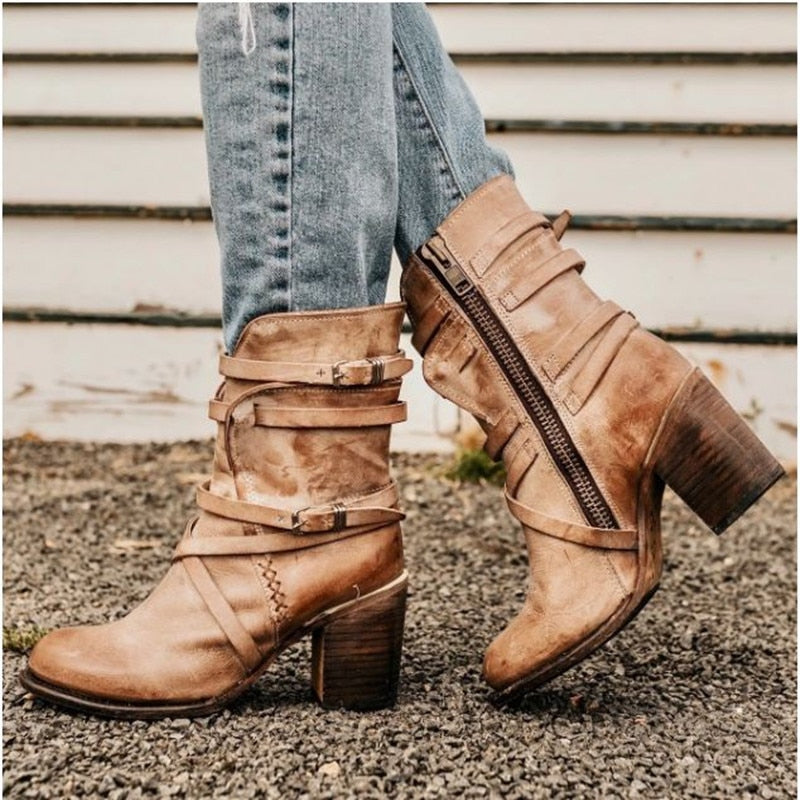 Bottines en Cuir Noir pour Femmes - Élégantes avec Talon Épais et Fini Vieilli