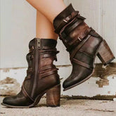 Bottines en Cuir Noir pour Femmes - Élégantes avec Talon Épais et Fini Vieilli