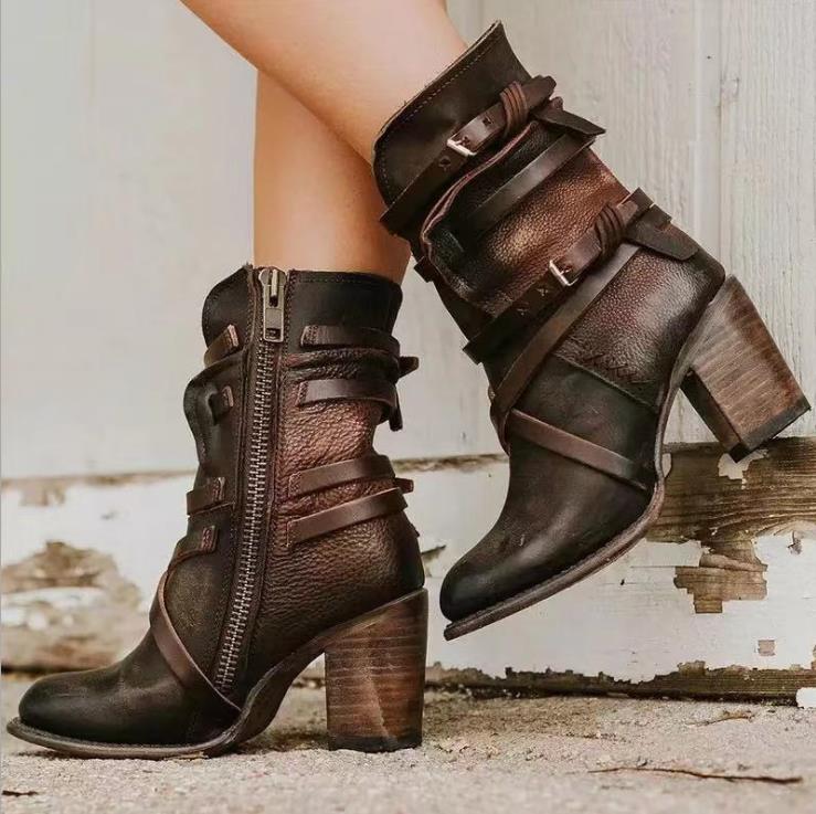 Bottines en Cuir Noir pour Femmes - Élégantes avec Talon Épais et Fini Vieilli