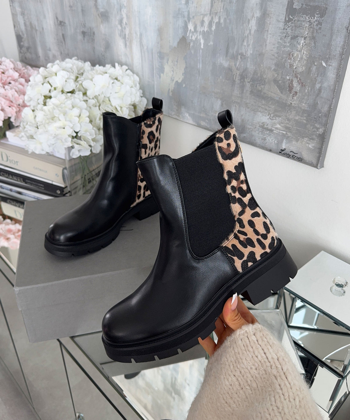 Bottes Noires Imprimé Léopard - Doublure Confortable pour Usage Quotidien