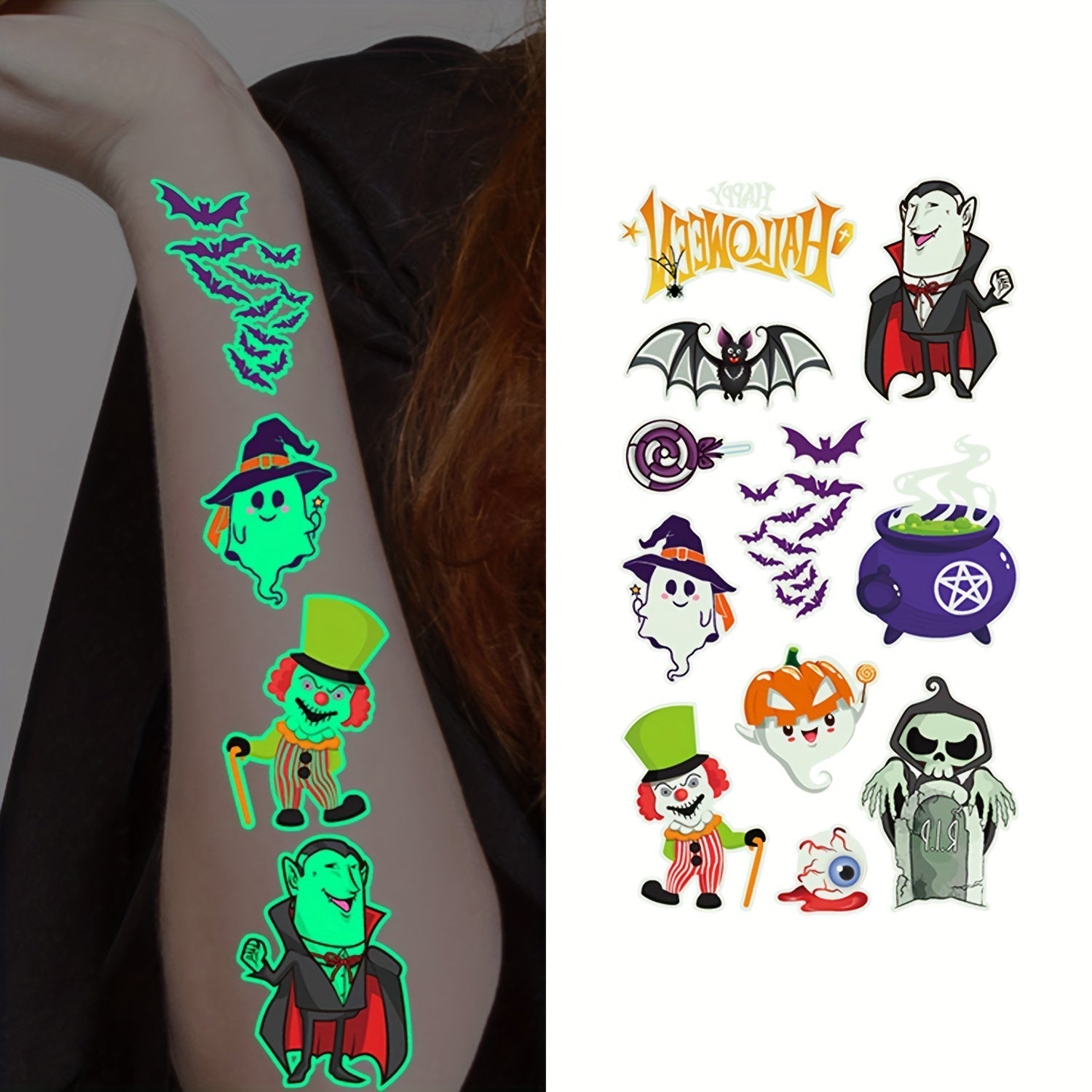 Tatouages Temporaires Halloween Lumineux - Designs Amusants et Sûrs pour Enfants