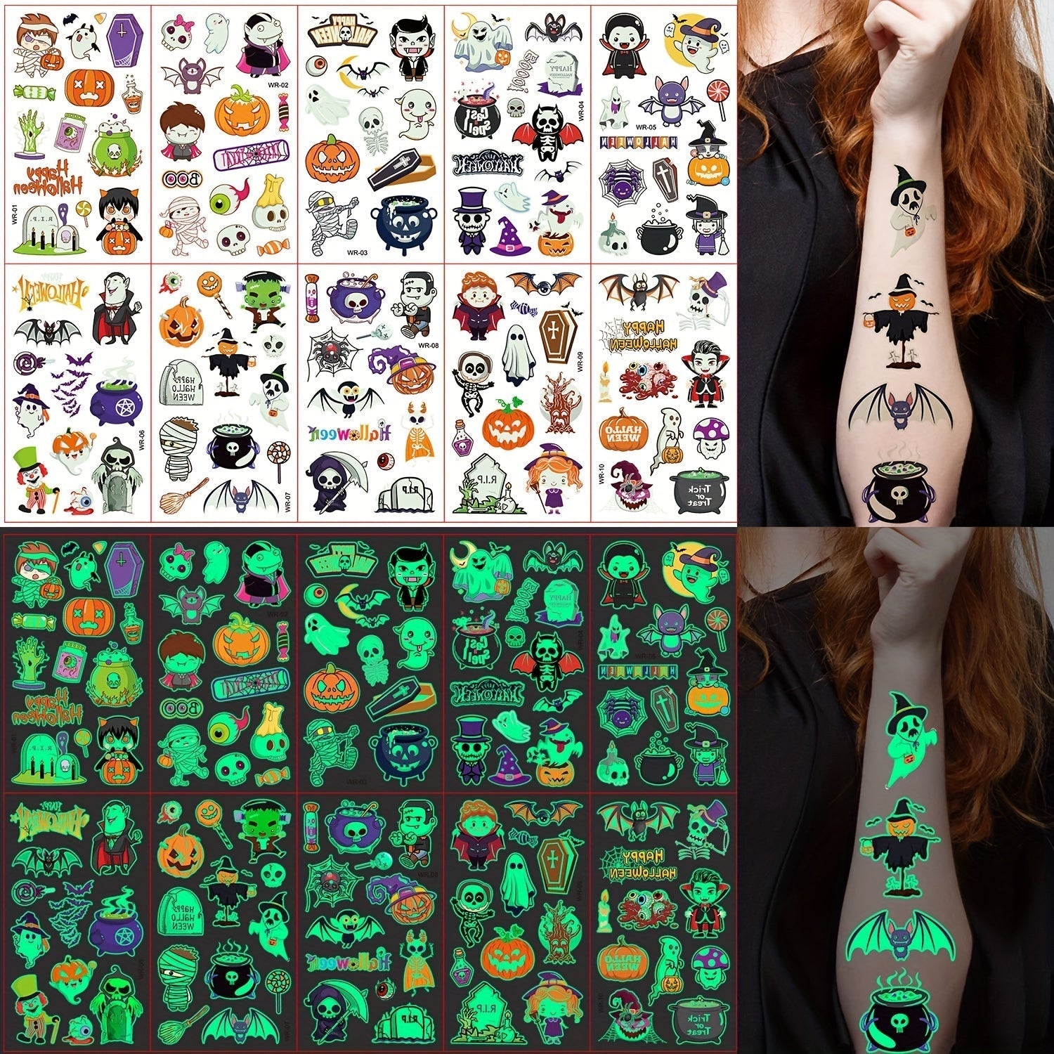 Tatouages Temporaires Halloween Lumineux - Designs Amusants et Sûrs pour Enfants