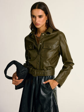 Veste Chemise Cargo en Cuir Synthétique - Ceinturée et Ajustement Slim