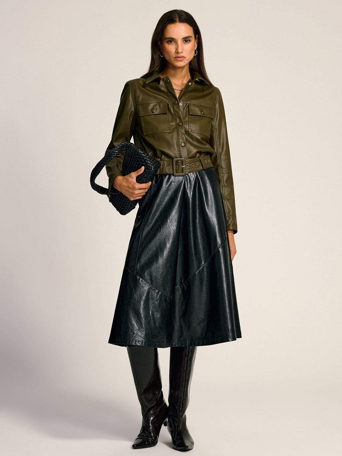 Veste Chemise Cargo en Cuir Synthétique - Ceinturée et Ajustement Slim