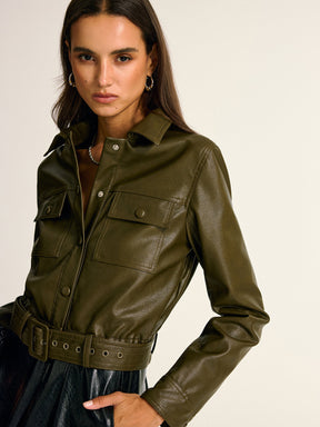 Veste Chemise Cargo en Cuir Synthétique - Ceinturée et Ajustement Slim