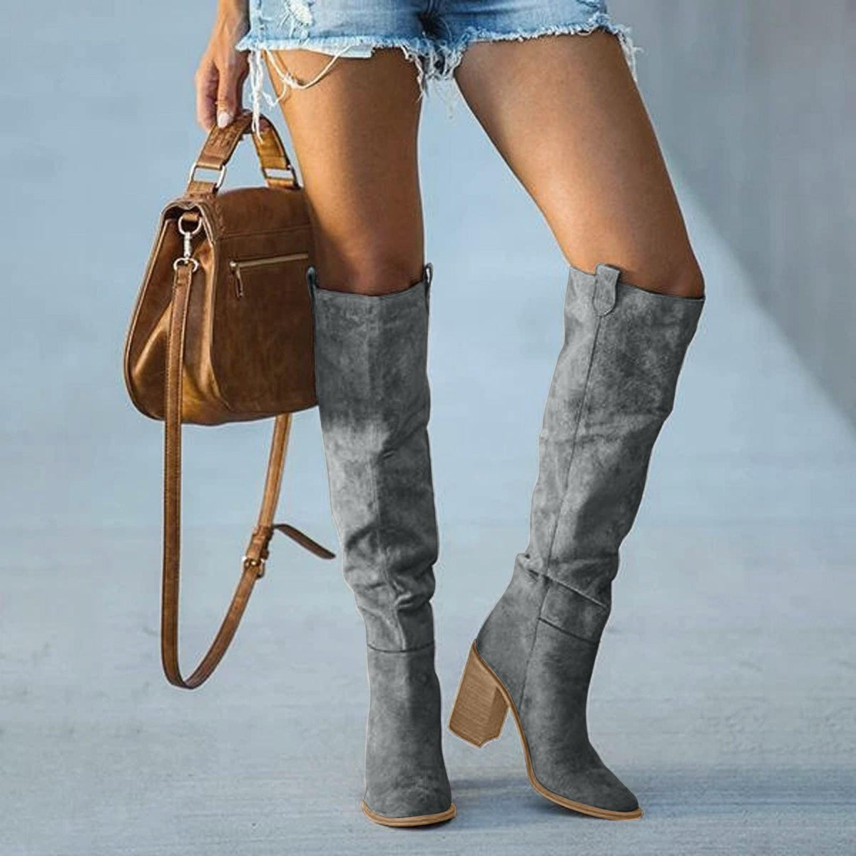 Bottes à Talon Bloc Grises - Style Western Chic et Confort Optimal