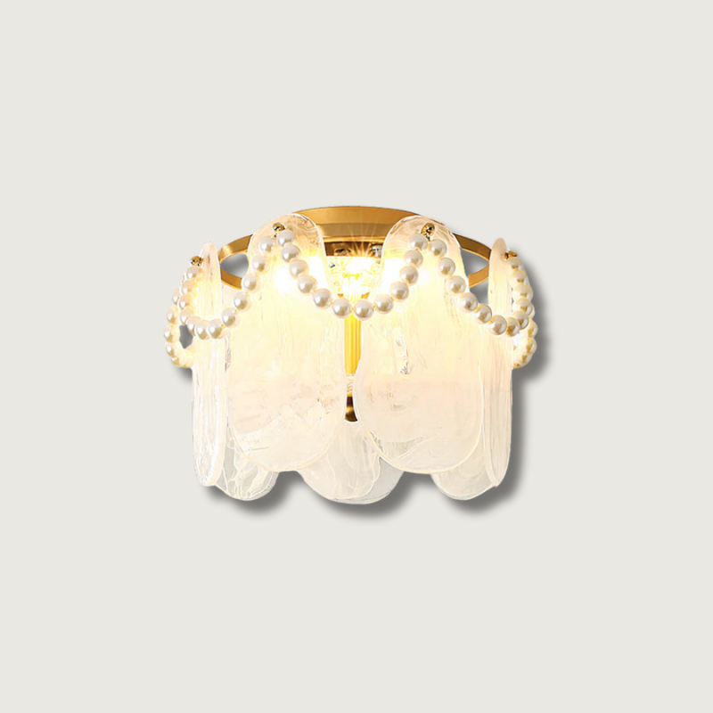 Lustre en Métal Doré avec Perles - Éclairage Élégant et Accueillant