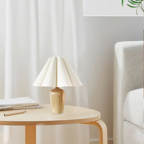 Lampe de Table Vintage en Velours - Abat-jour Plissé et Base en Bois