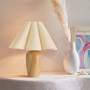 Lampe de Table Vintage en Velours - Abat-jour Plissé et Base en Bois