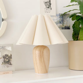 Lampe de Table Vintage en Velours - Abat-jour Plissé et Base en Bois