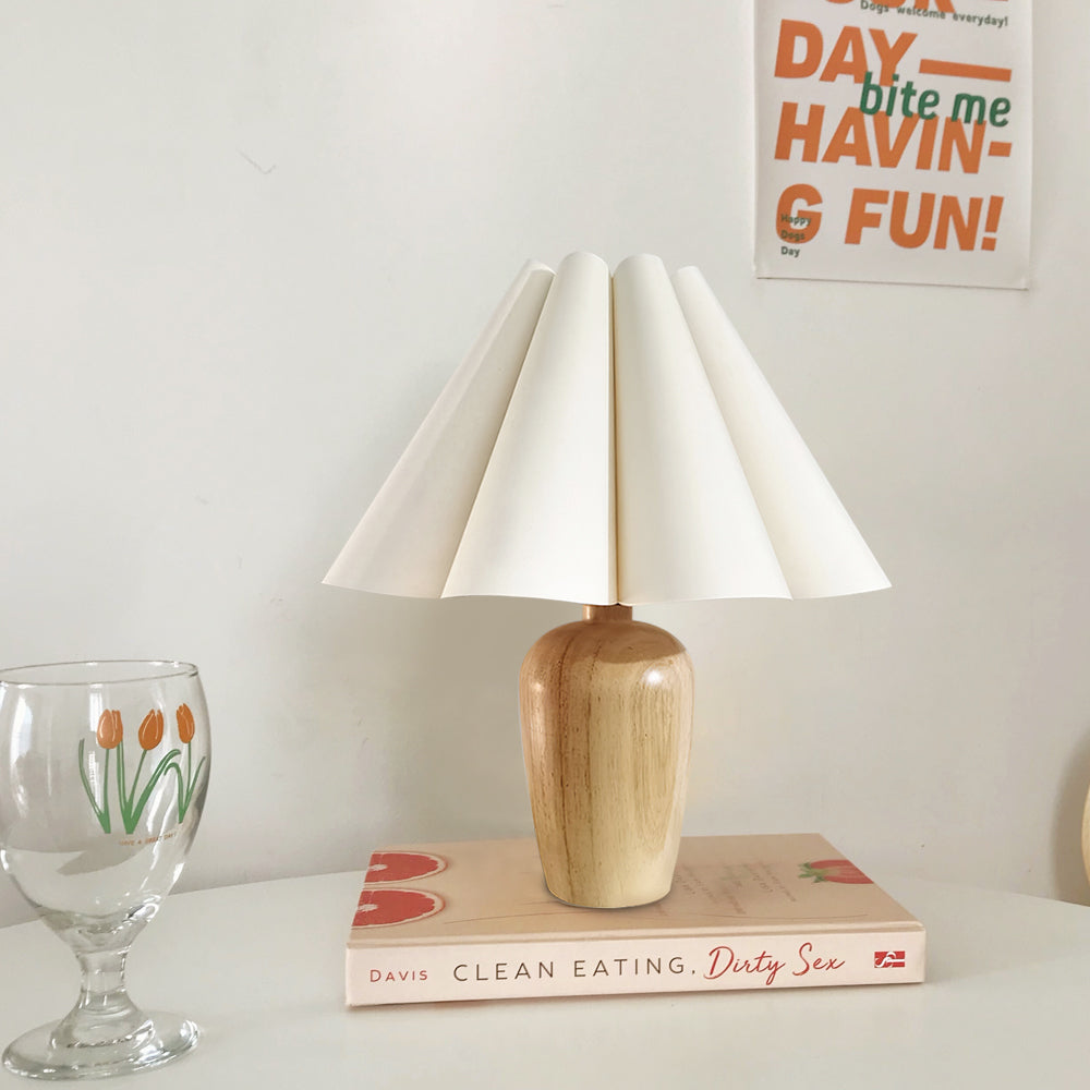 Lampe de Table Vintage en Velours - Abat-jour Plissé et Base en Bois