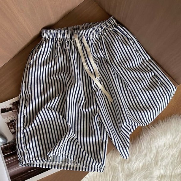 Shorts Rayés Longueur Genou - Taille à Cordon Ajustable et Confortable