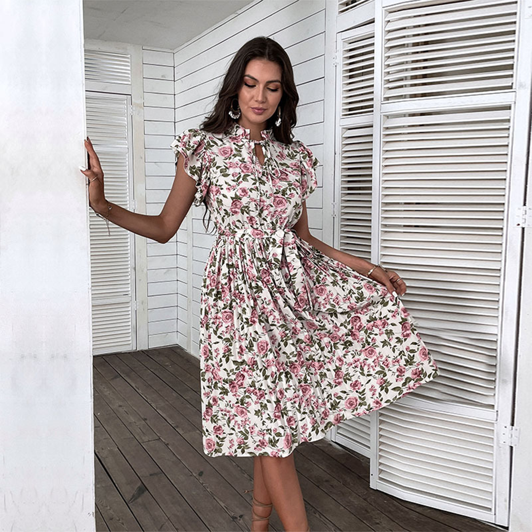 Robe Florale Élégante pour Femmes - Ceinture et Design de Rose d'Été