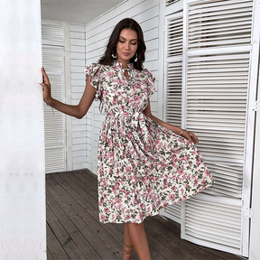 Robe Florale Élégante pour Femmes - Ceinture et Design de Rose d'Été