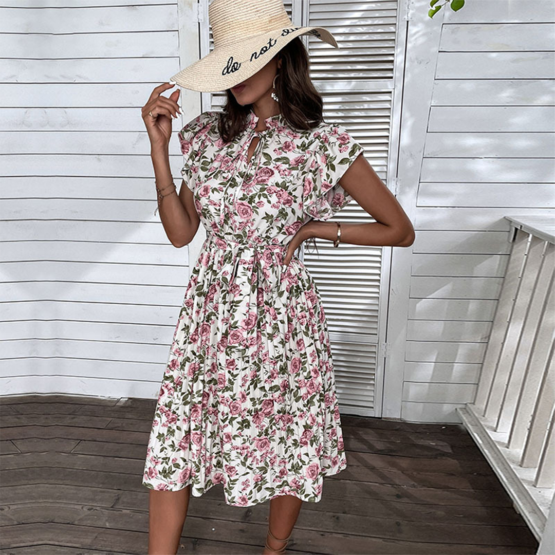 Robe Florale Élégante pour Femmes - Ceinture et Design de Rose d'Été