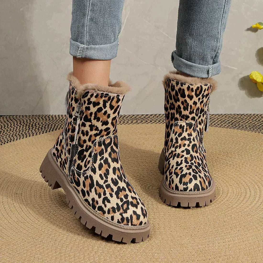 Bottes d'Hiver Imprimé Léopard - Doublure Douce et Semelle Plateforme