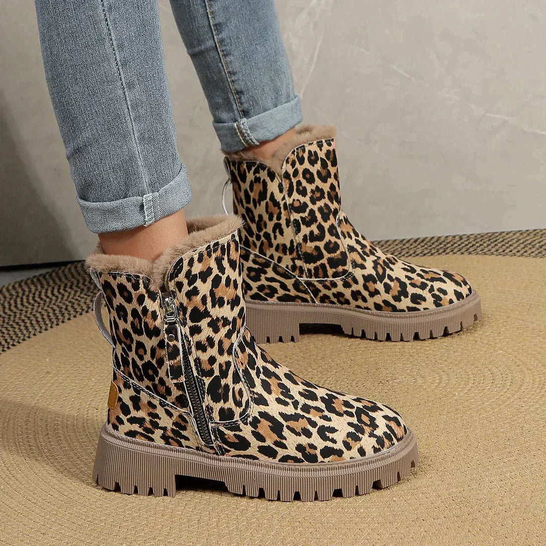 Bottes d'Hiver Imprimé Léopard - Doublure Douce et Semelle Plateforme