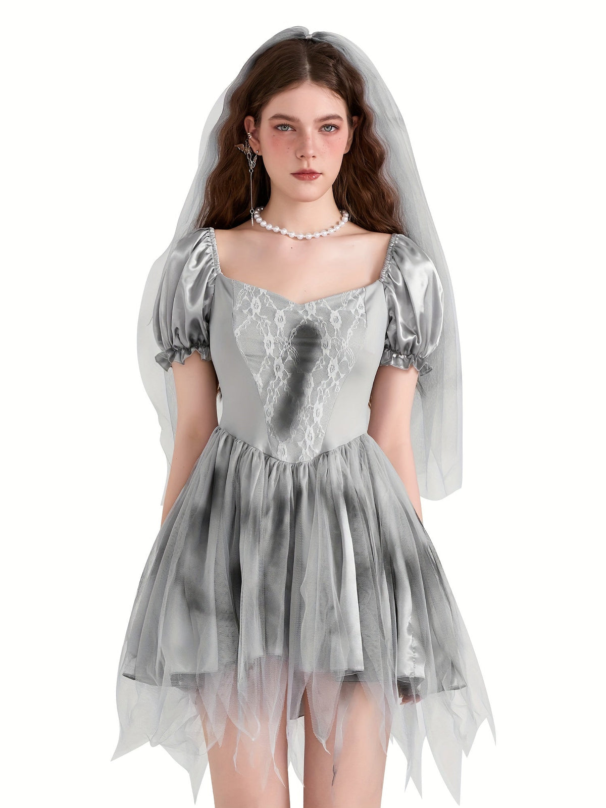 Robe de Mariée Cadavérique Gothique - Mini Robe à Manches Bouffantes et Tulle