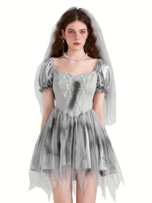 Robe de Mariée Cadavérique Gothique - Mini Robe à Manches Bouffantes et Tulle
