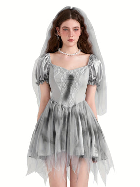 Robe de Mariée Cadavérique Gothique - Mini Robe à Manches Bouffantes et Tulle