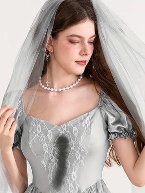 Robe de Mariée Cadavérique Gothique - Mini Robe à Manches Bouffantes et Tulle