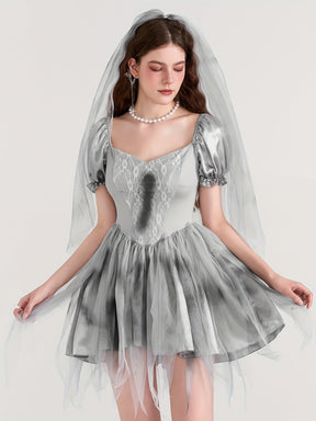 Robe de Mariée Cadavérique Gothique - Mini Robe à Manches Bouffantes et Tulle