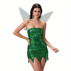 Robe de Fée en Sequins pour Femmes - Costume Mini Sans Bretelles et Ailes
