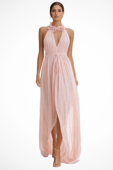 Robe Maxi Chiffon Élégante | Design à Col Halter Plissé