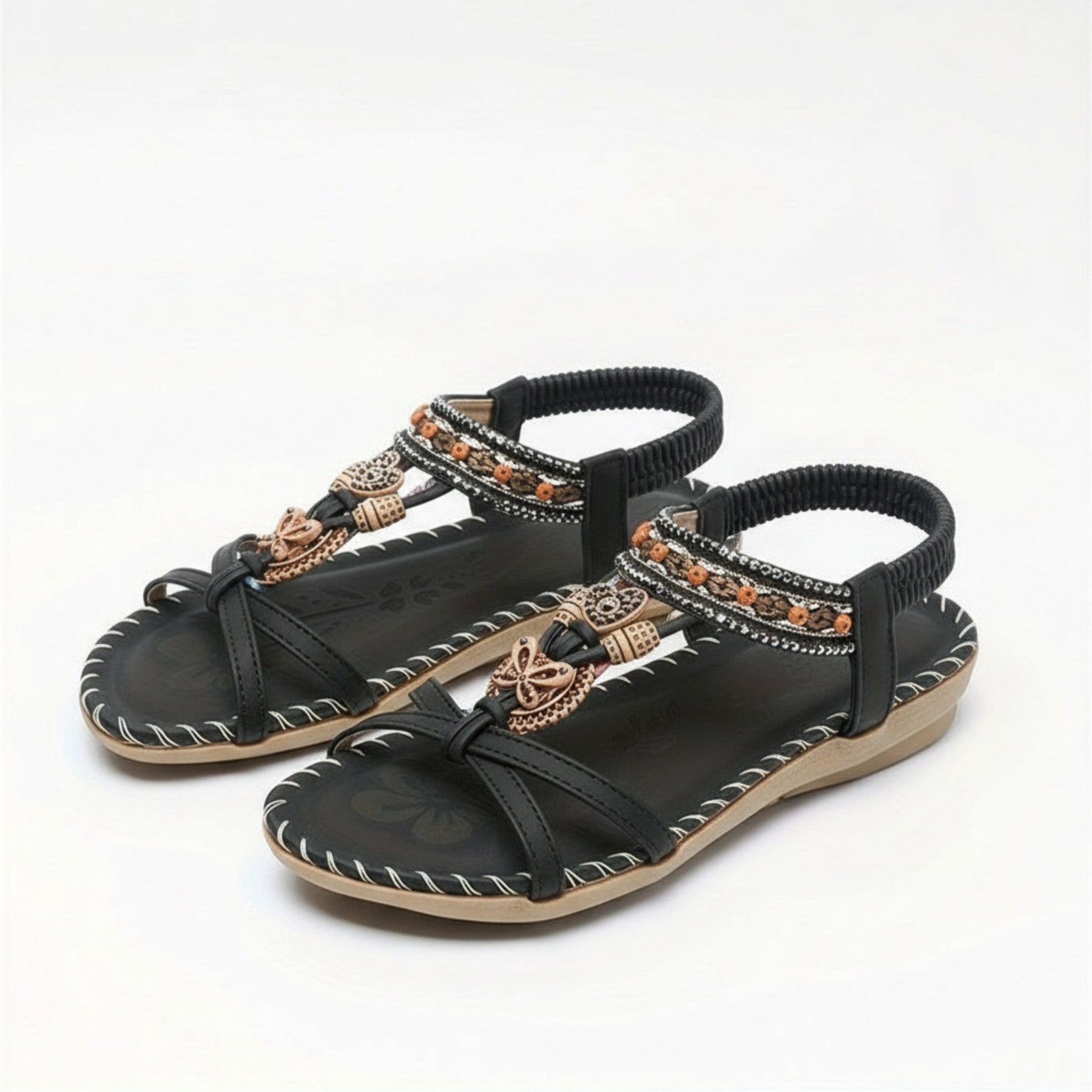 Sandales plates perlées bout ouvert slip-on accents perles décoratives femme